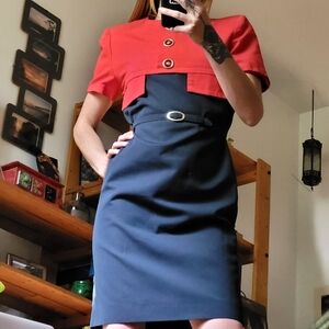 Vintage Givenchy Red And Navy Blhe Belted Dress - Size S-M